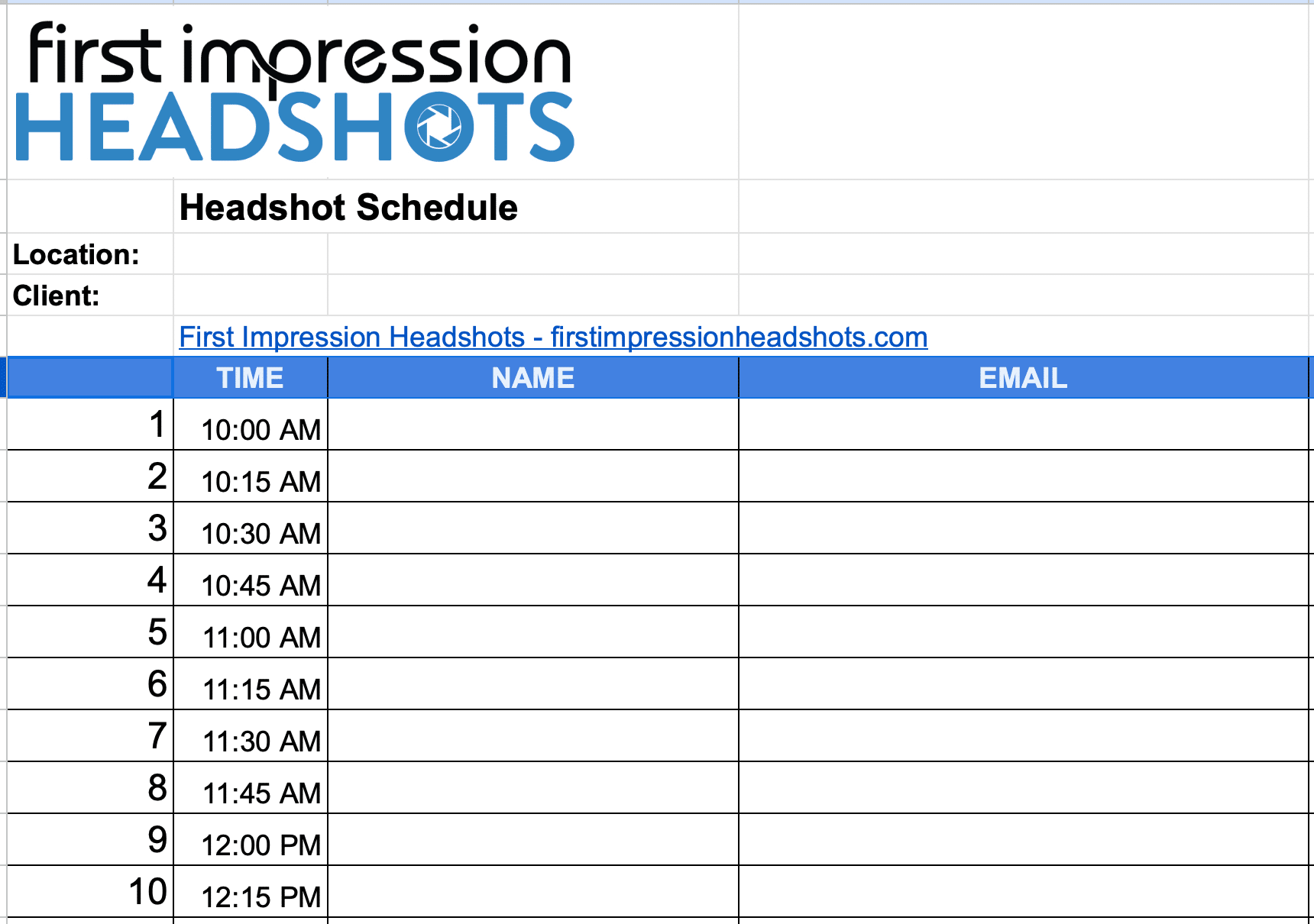 sample headshot schedule